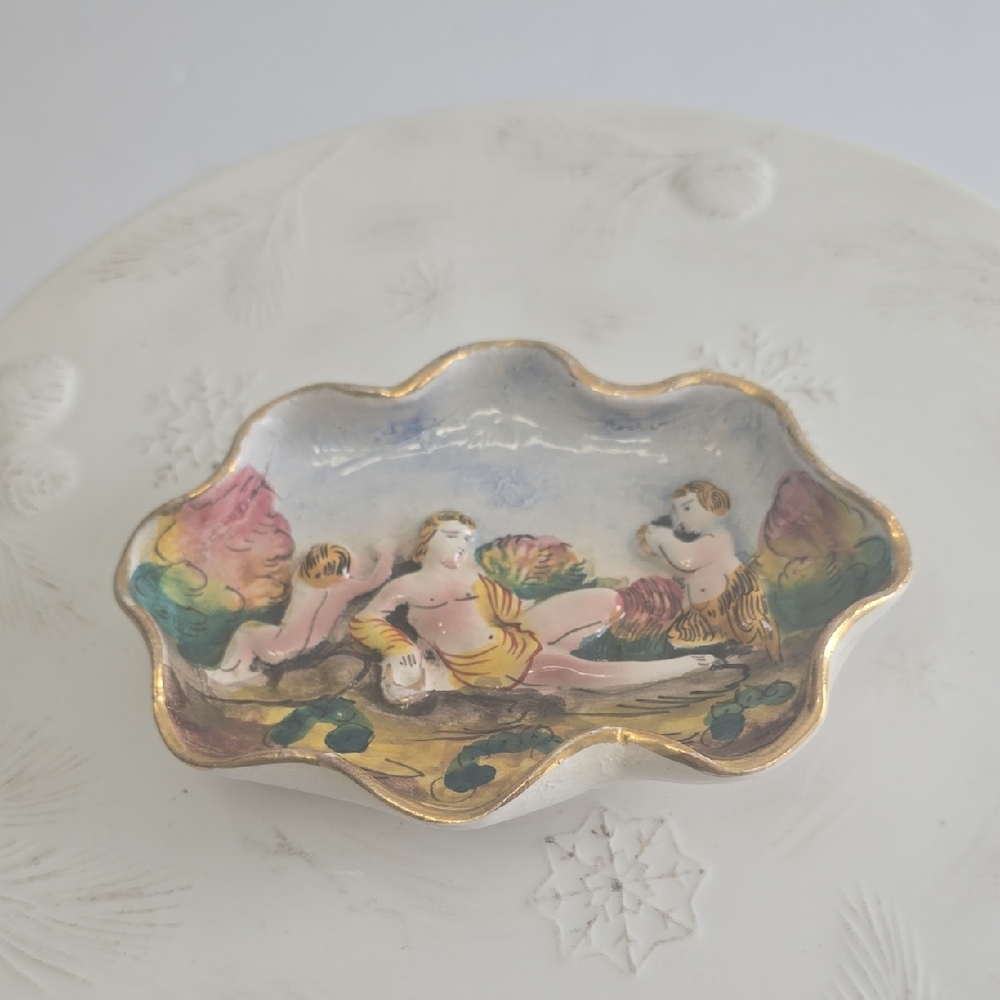 Vintage Capodimonte Roman Male Relief Handpainted Trinket Jewelry Dish Oval